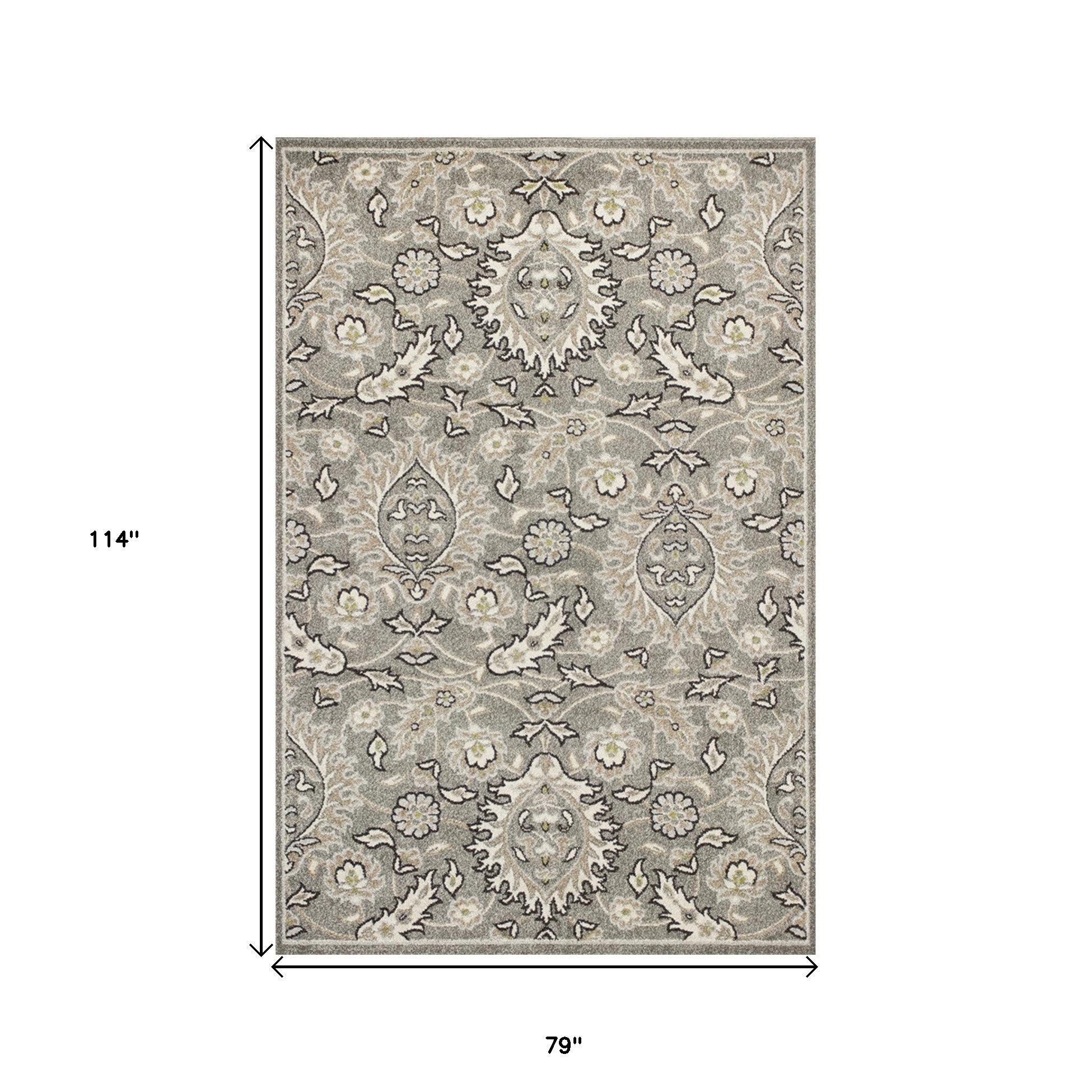 7' X 9' Gray And Ivory Floral Medallion Area Rug With UV Protection