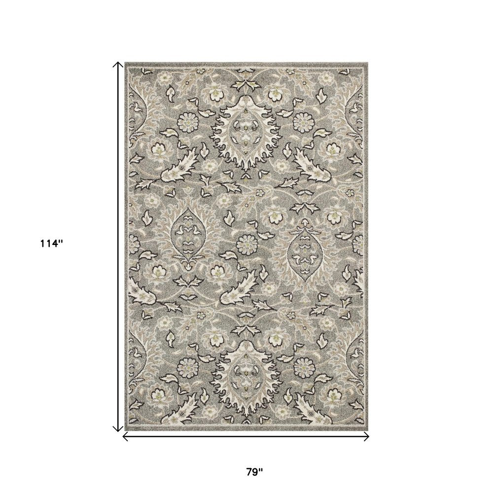 7' X 9' Gray And Ivory Floral Medallion Area Rug With UV Protection