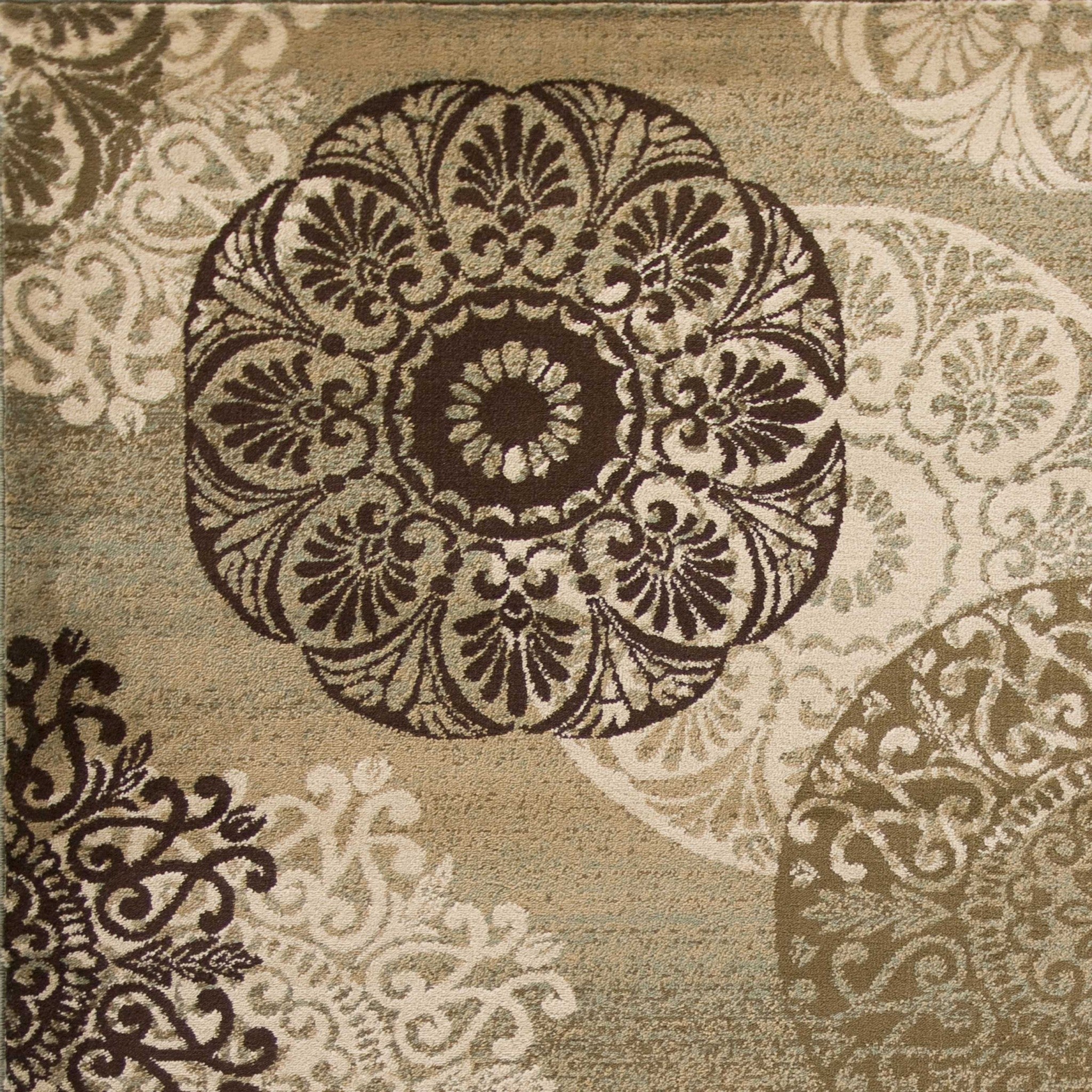8' X 11' Sage Brown And Ivory Floral Medallion Area Rug
