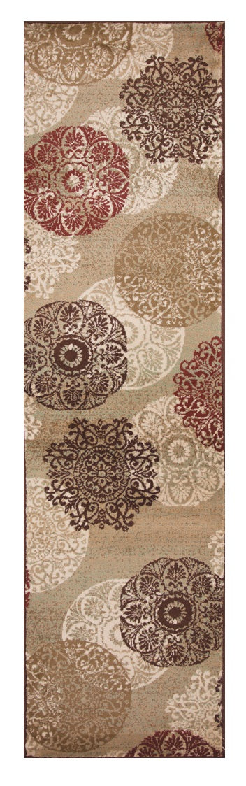 8' Sage Brown And Ivory Floral Medallion Runner Rug