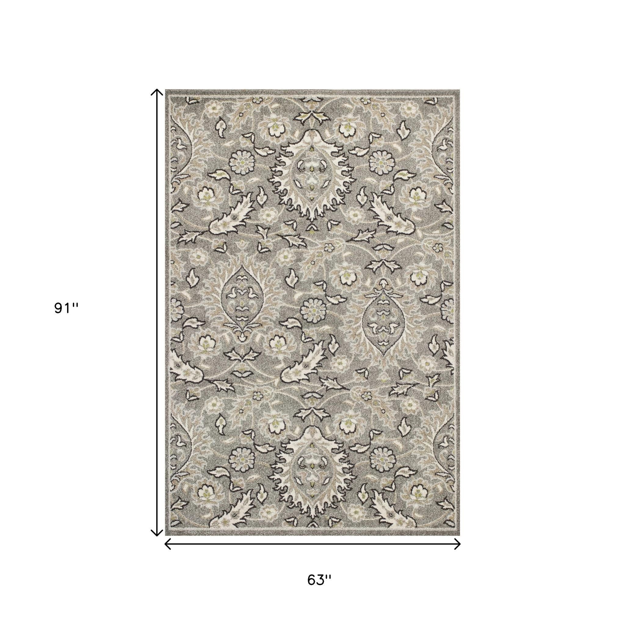5' X 8' Gray And Ivory Floral Medallion Area Rug
