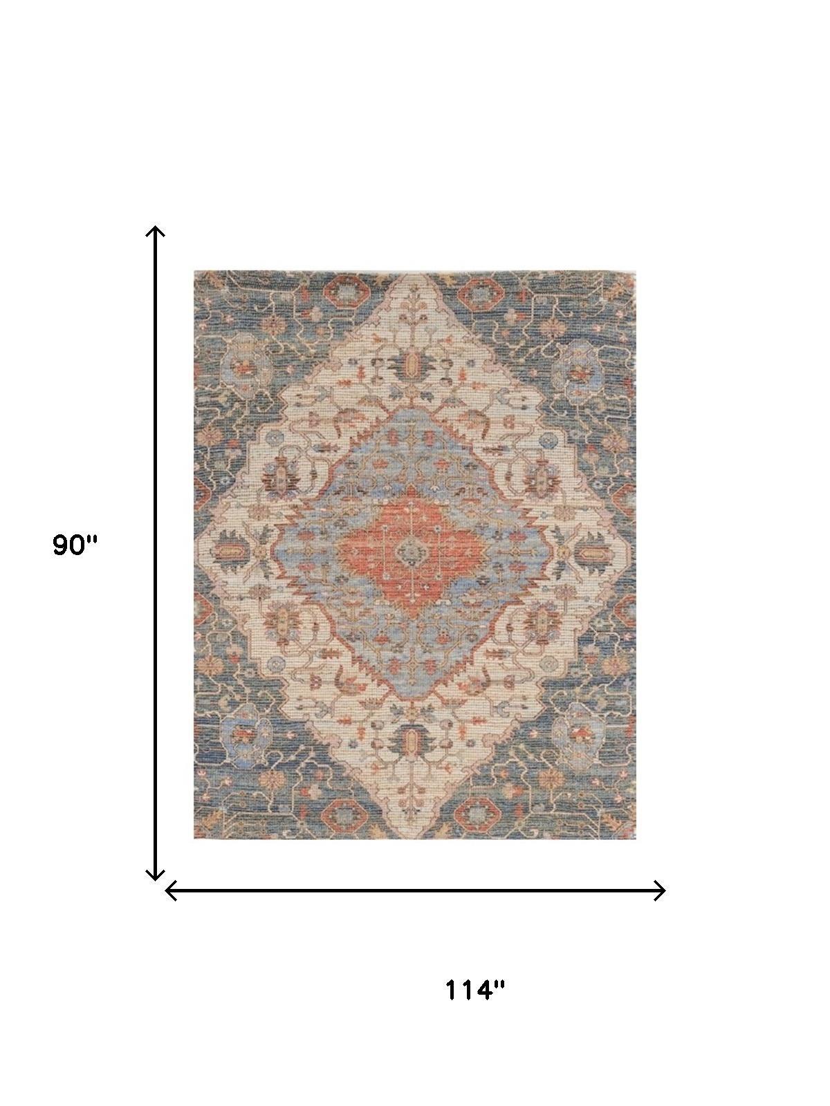 8' X 10' Blue Red Hand Woven Diamond Medallion Indoor Area Rug