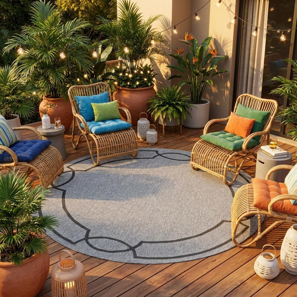 7' Ivory And Brown Round Geometric Handmade Indoor Outdoor Area Rug