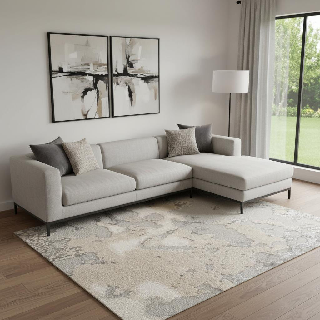 7' X 10' Sand Gray And Beige Abstract Area Rug