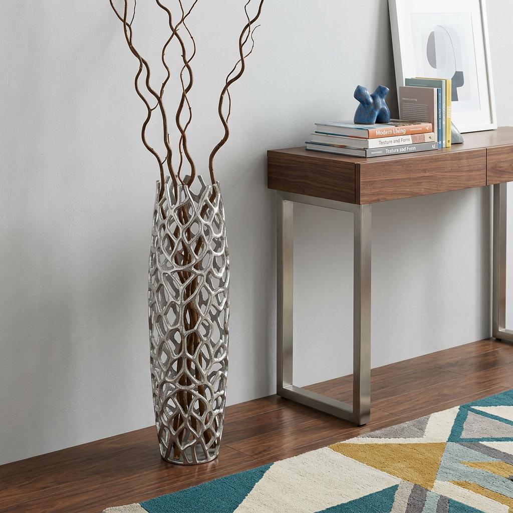 32" Aluminum Silver Twigs Cylinder Floor Vase