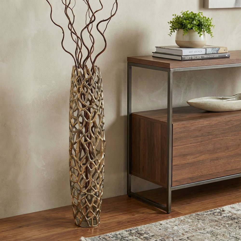 47" Aluminum Silver Twigs Cylinder Floor Vase