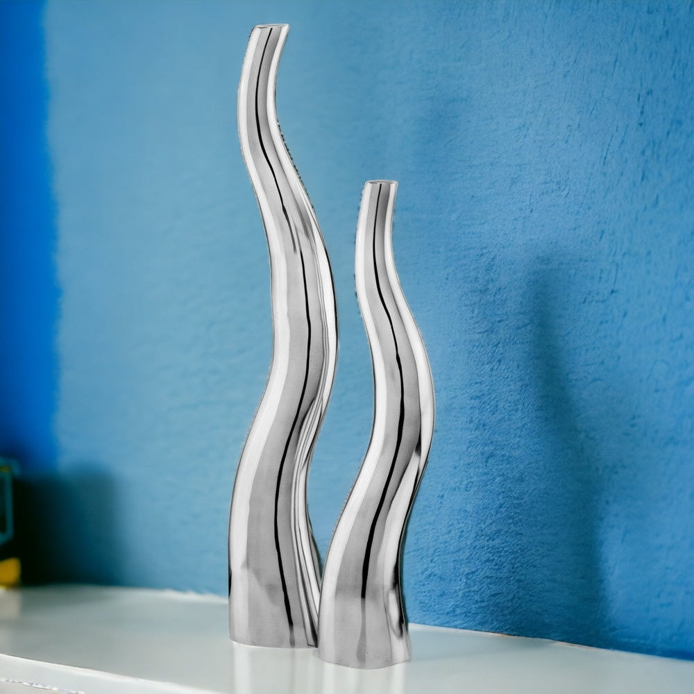Set Of 2 Modern Tall Silver Squiggly Vases