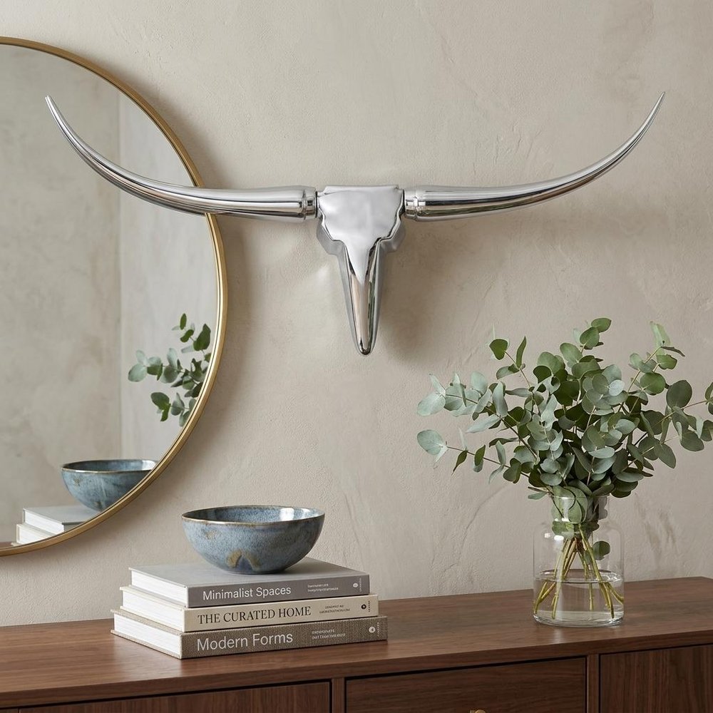 47" Silver Buffed Aluminum Long Horn Wall Sculpture