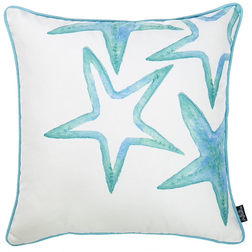 18" White And Aqua Blue Starfish Decorative Throw Pillow Cover
