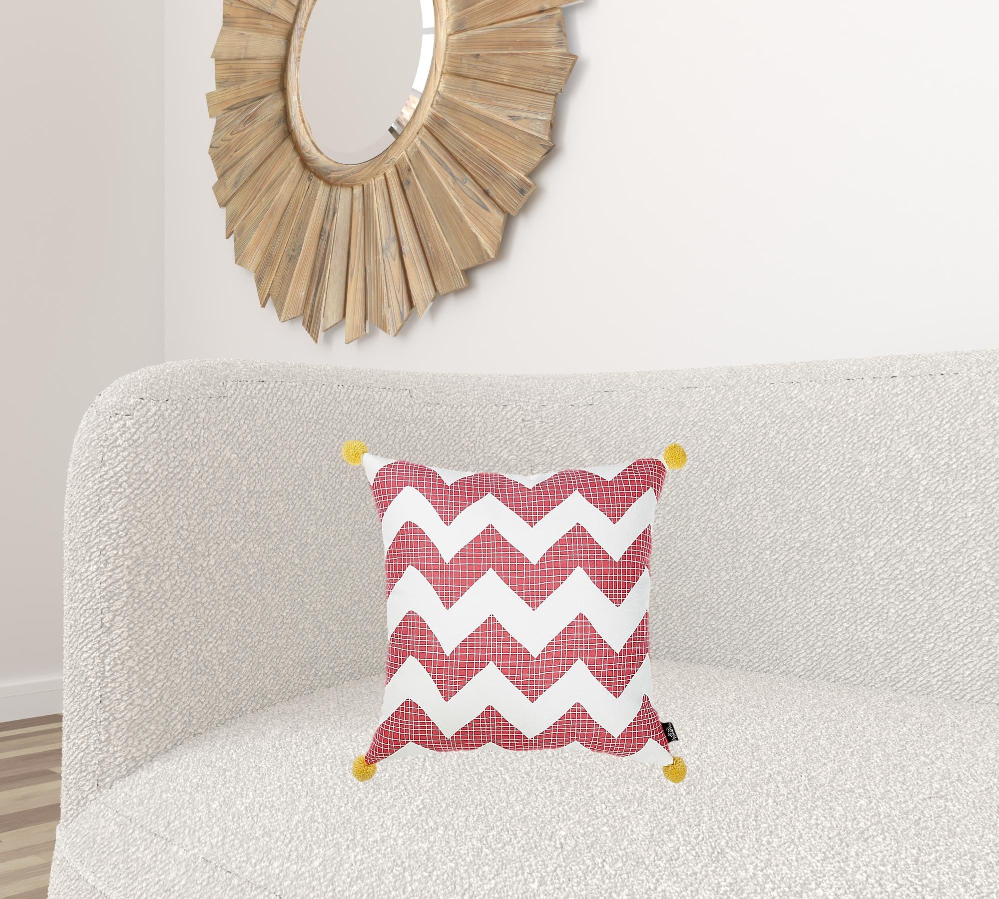 18" Pink and White Chevron Throw Pillow Cover With Pompoms