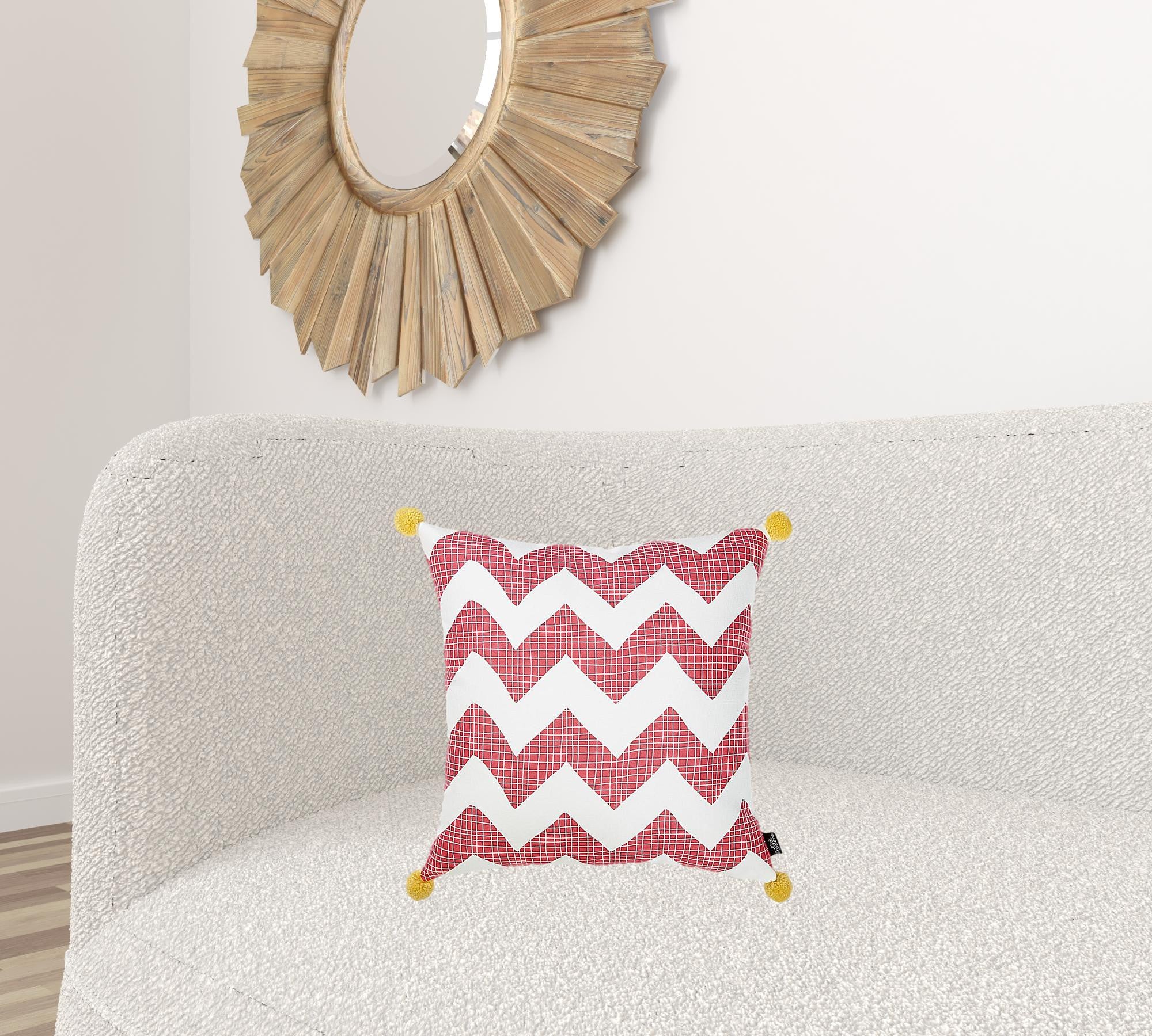 Pink Chevron And Pom Printed Decorative Throw Pillow Cover.