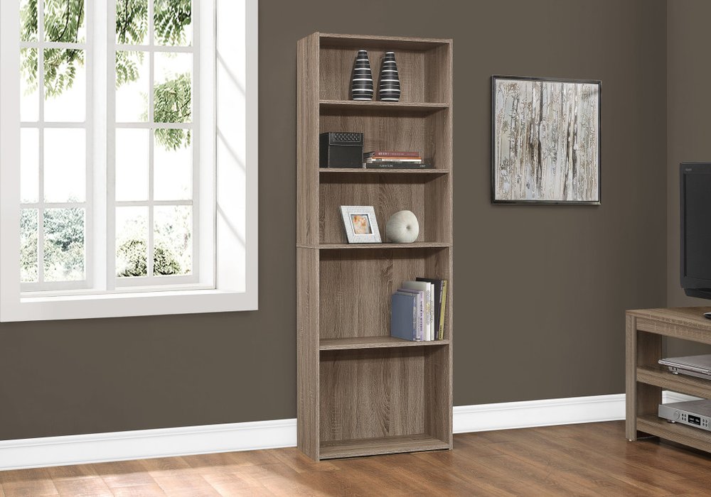 71" Taupe Distressed Wood Adjustable Five Tier Bookcase