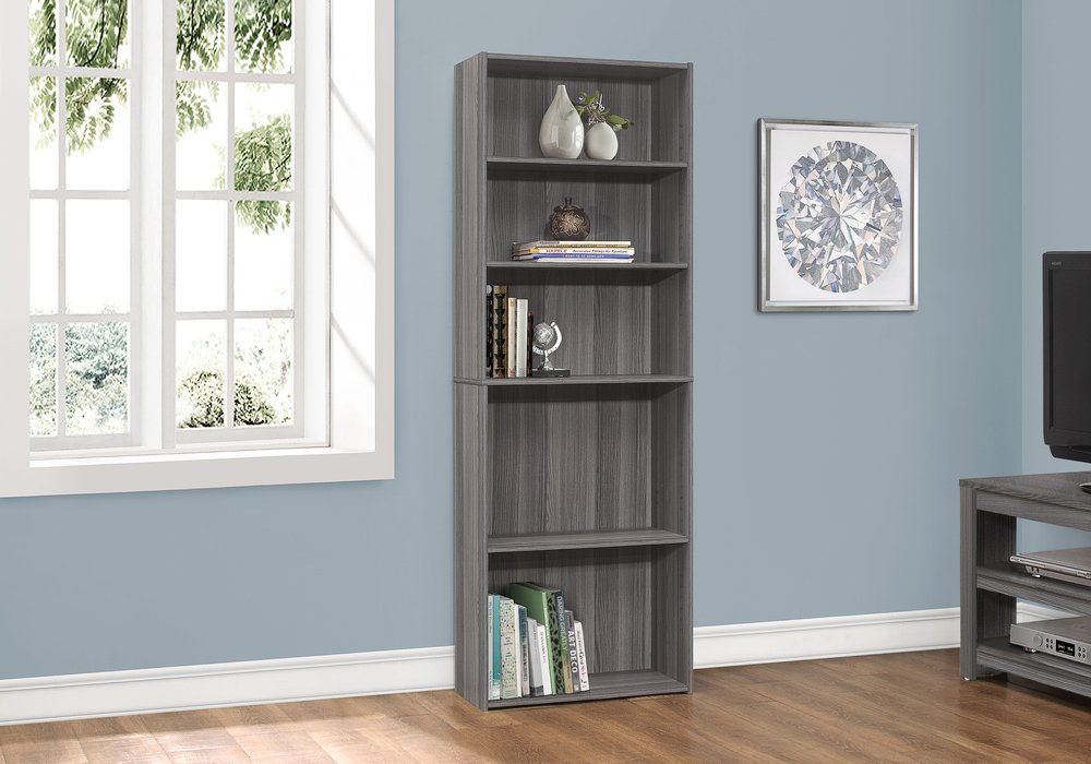 71" Gray Wood Adjustable Five Tier Bookcase