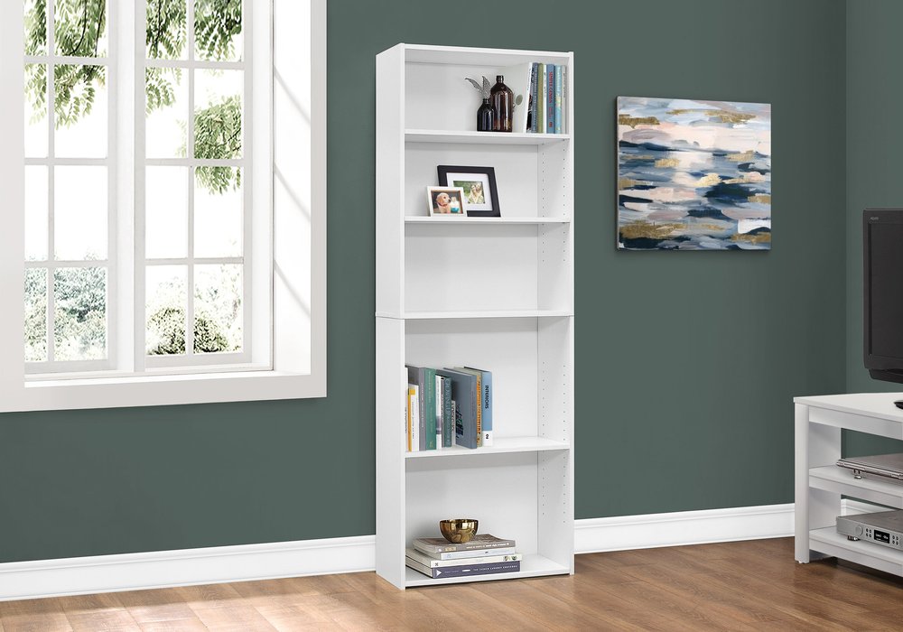 71" White Wood Adjustable Five Tier Bookcase