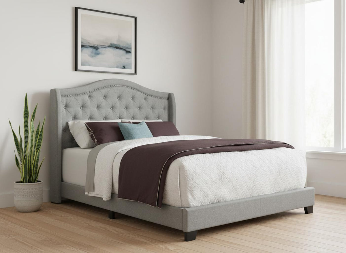Solid Wood Queen Tufted Gray Upholstered Linen Bed With Nailhead Trim