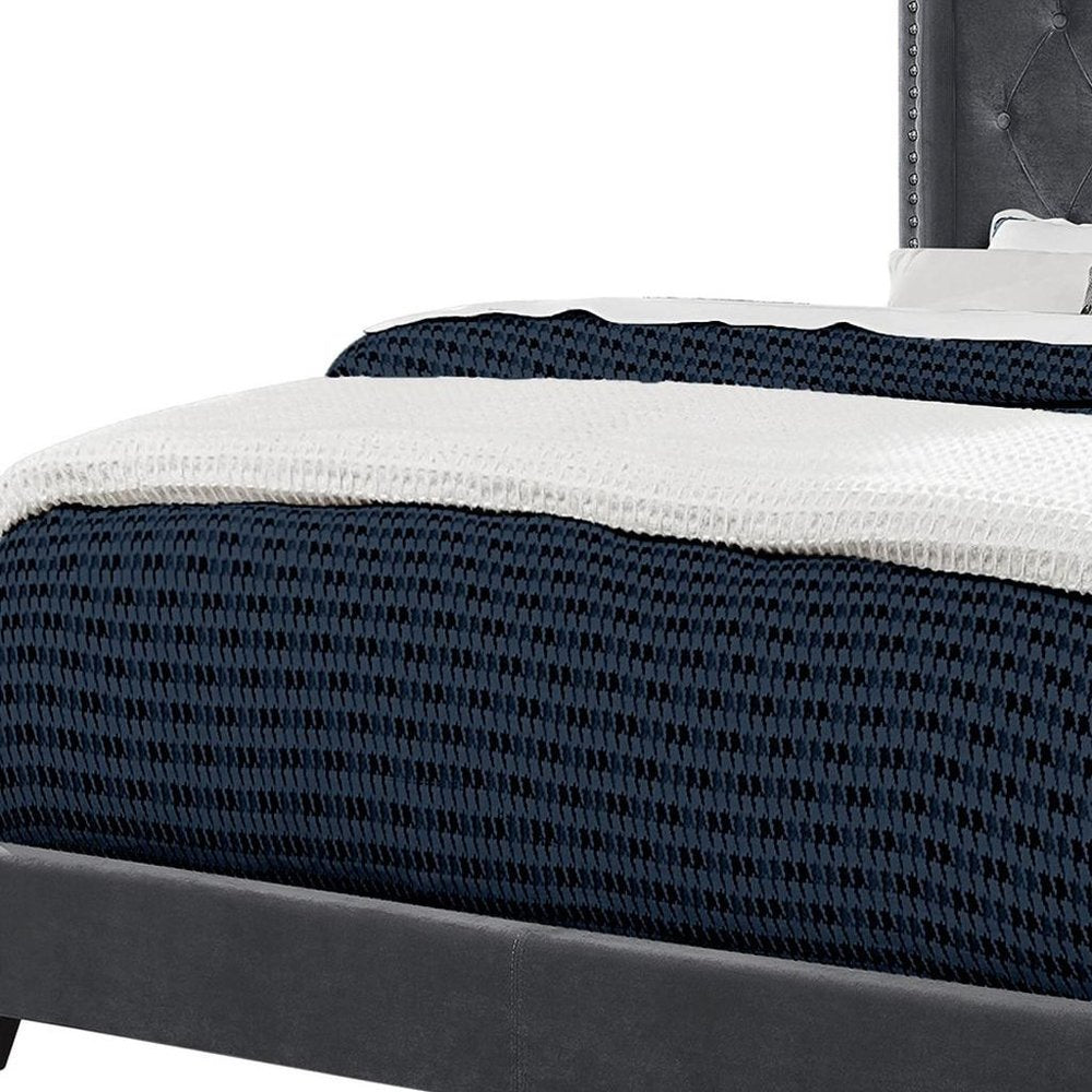 Solid Wood Queen Tufted Gray Upholstered Velvet Bed With Nailhead Trim