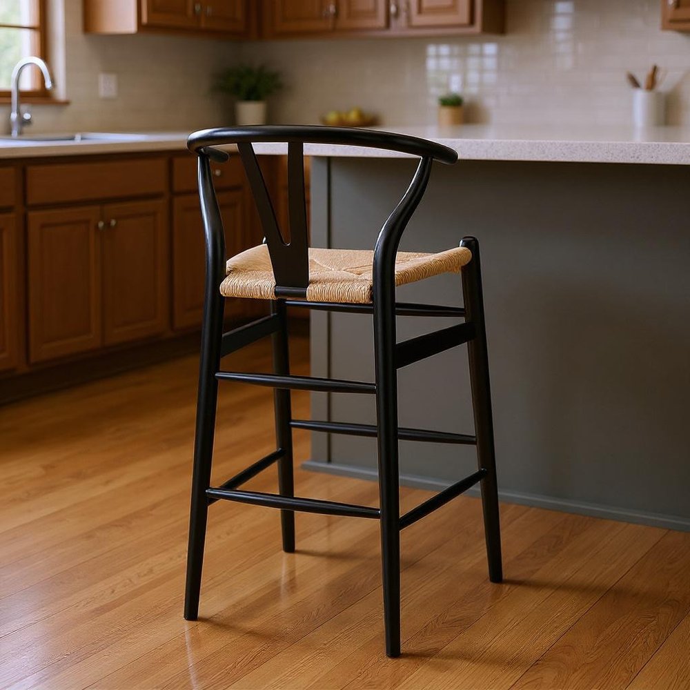 30" Natural And Black Solid Wood Low Back Counter Height Bar Chair