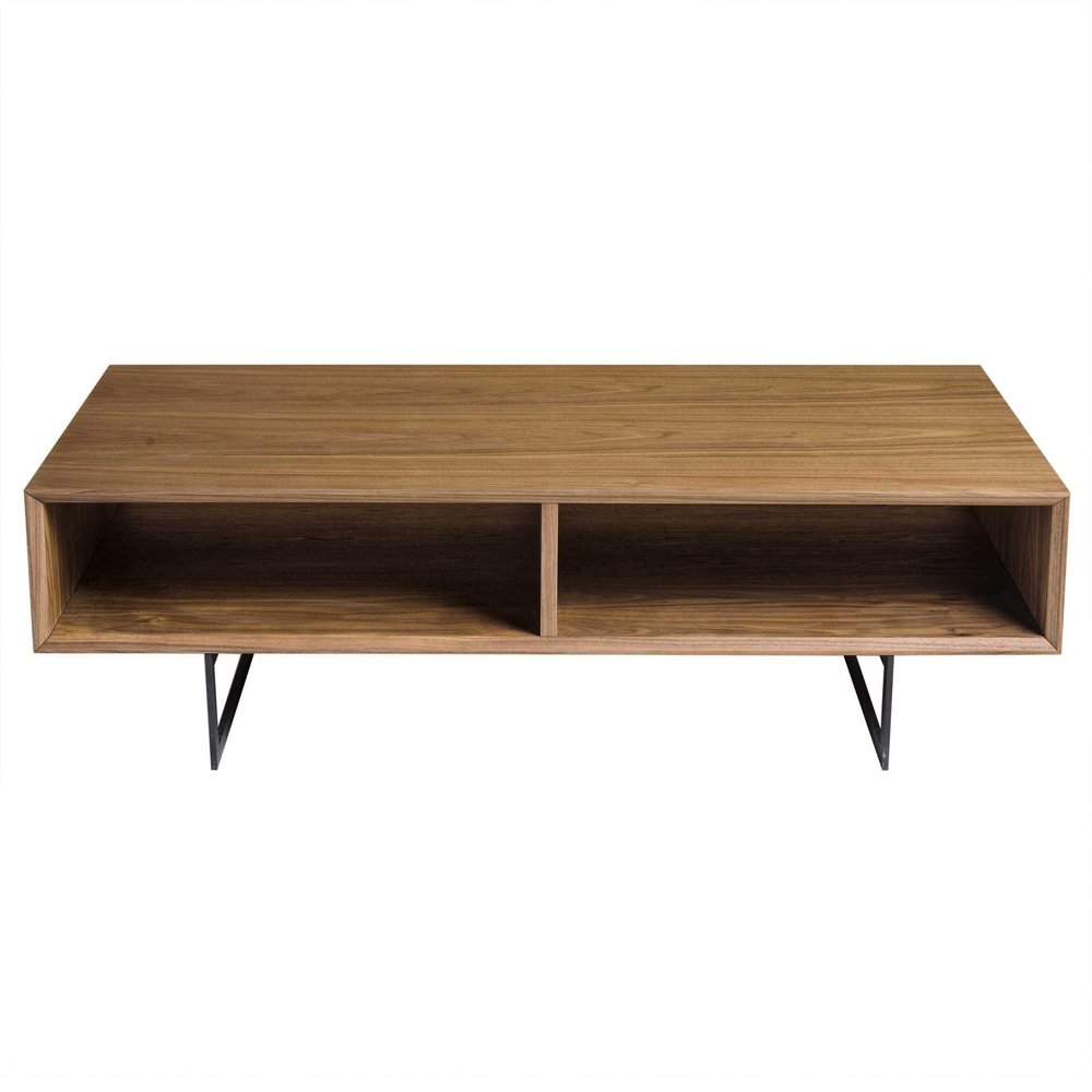 47" Brown and Black Wood And Metal Sled Coffee Table With Two Shelves