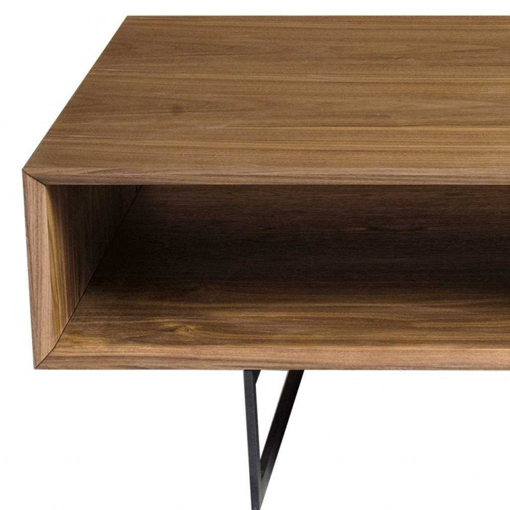 47" Brown and Black Wood And Metal Sled Coffee Table With Two Shelves