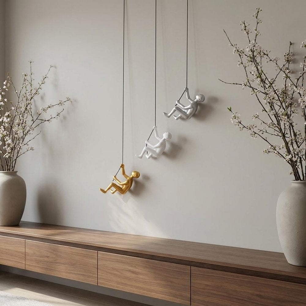 Set of Three Gold Silver And White Resin Hanging Dimensional Sculpture