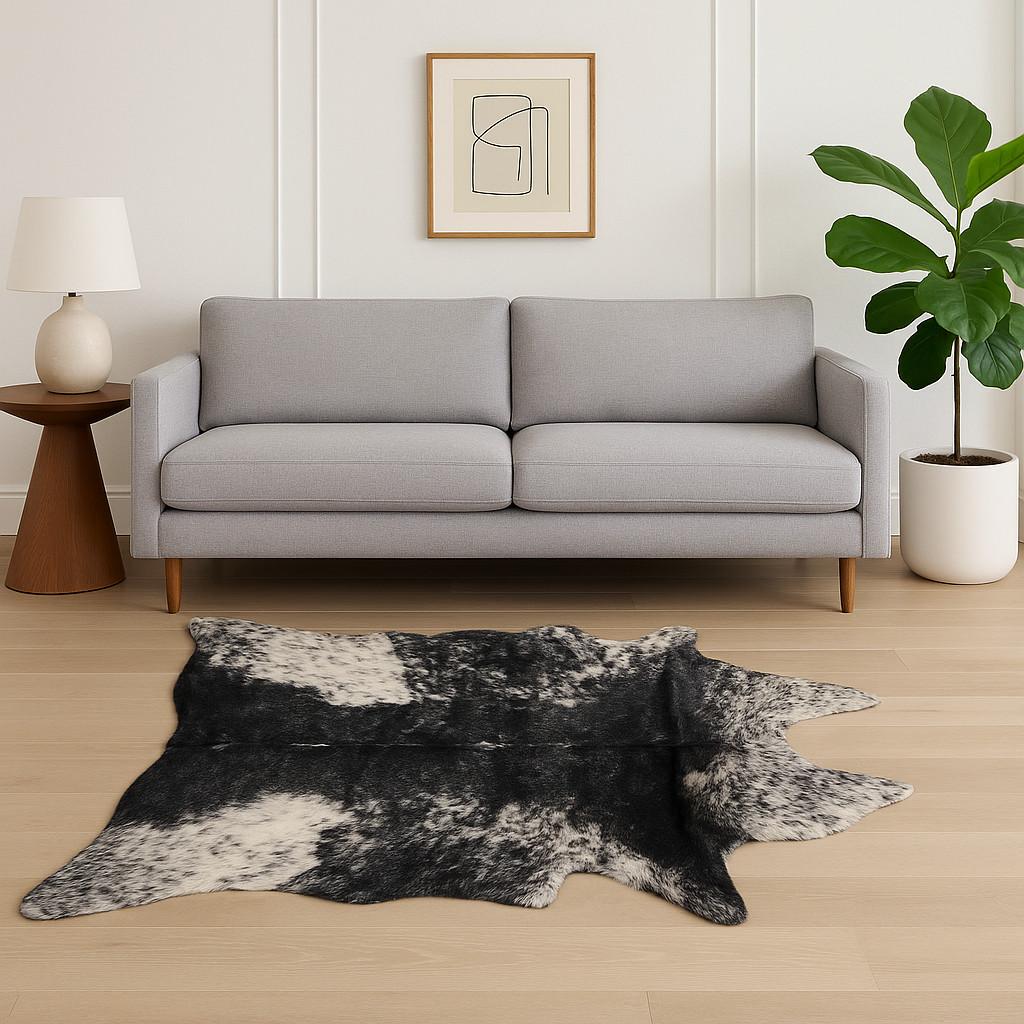 5' X 8' Black And White Faux Fur Animal Print Cowhide Washable Area Rug