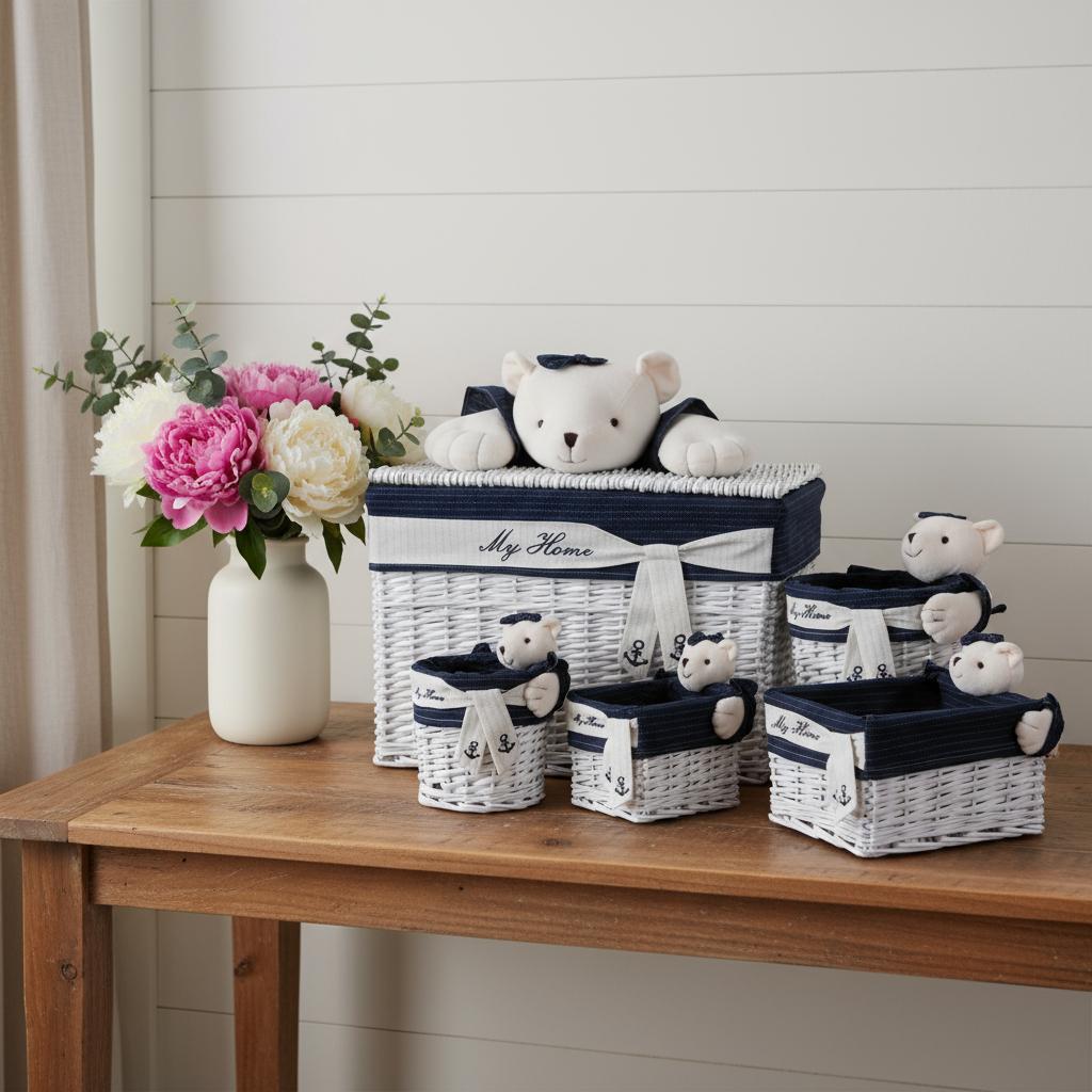 Set of Five Blue And White Rattan Basket