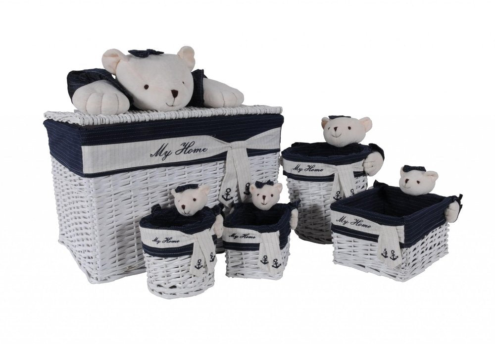 Set of Five Blue And White Rattan Basket