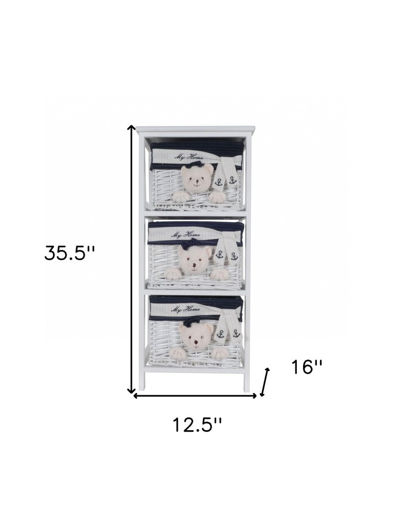 12.5" X 16" X 35.5" White Blue Portable 3 Drawers