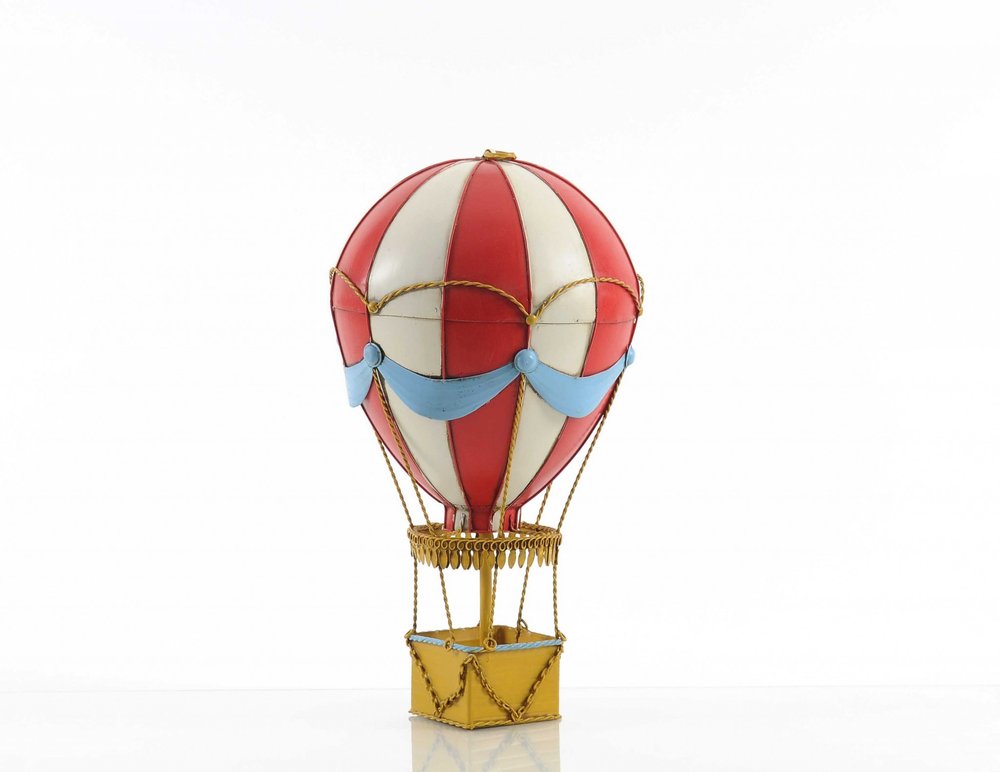 15" Red And White Metal Hand Painted Hot Air Balloon Tabletop Sculpture