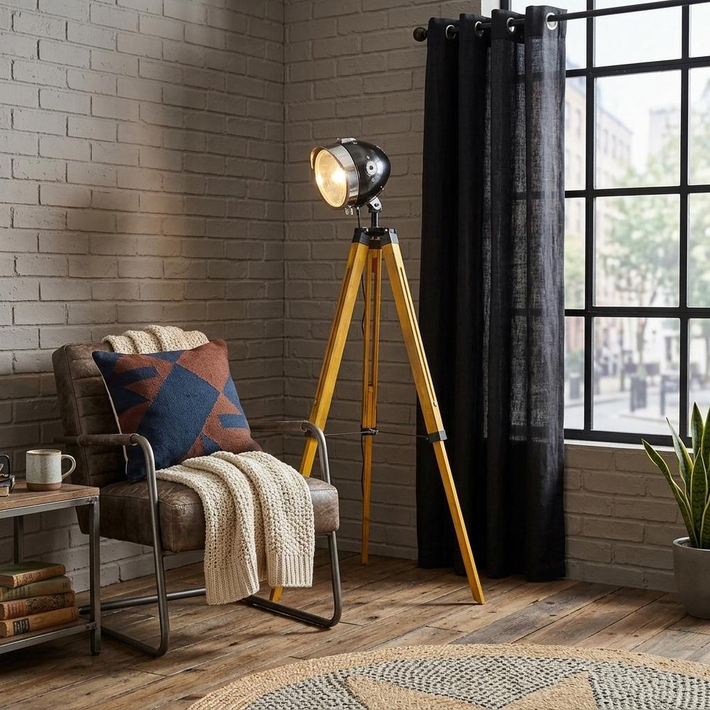 35" Brown Tripod Floor Lamp With Cone