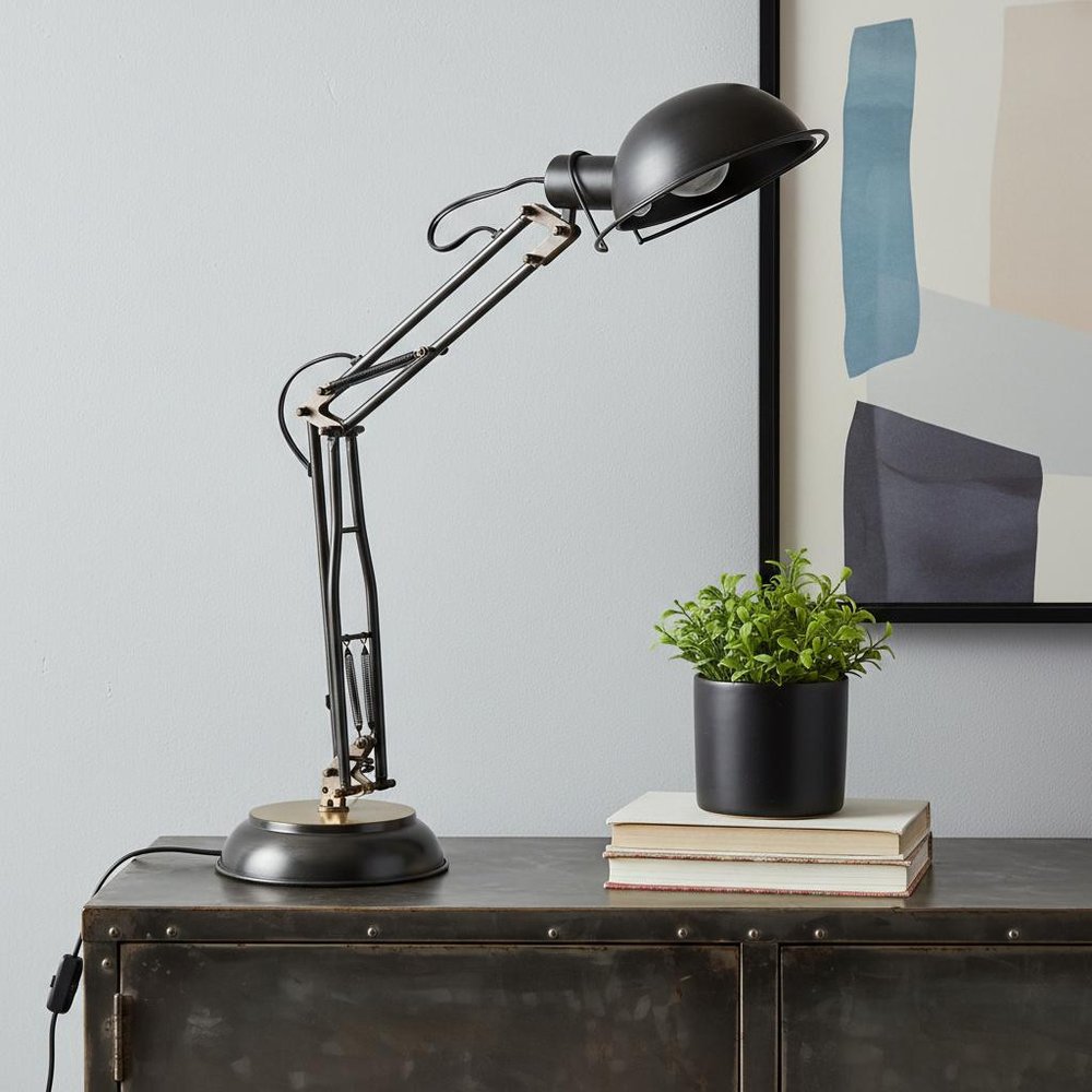 33" Black Metal Desk Table Lamp With Black Bowl Shade