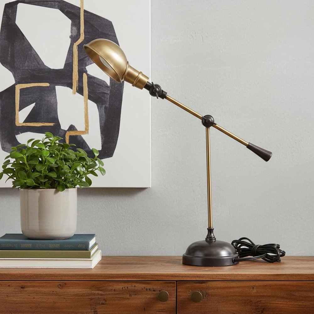 20" Black Metal Adjustable Desk Table Lamp With Gold Bowl Shade