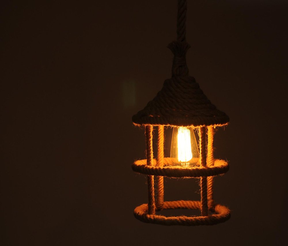 Beige and Black Iron and Rope Ceiling Light