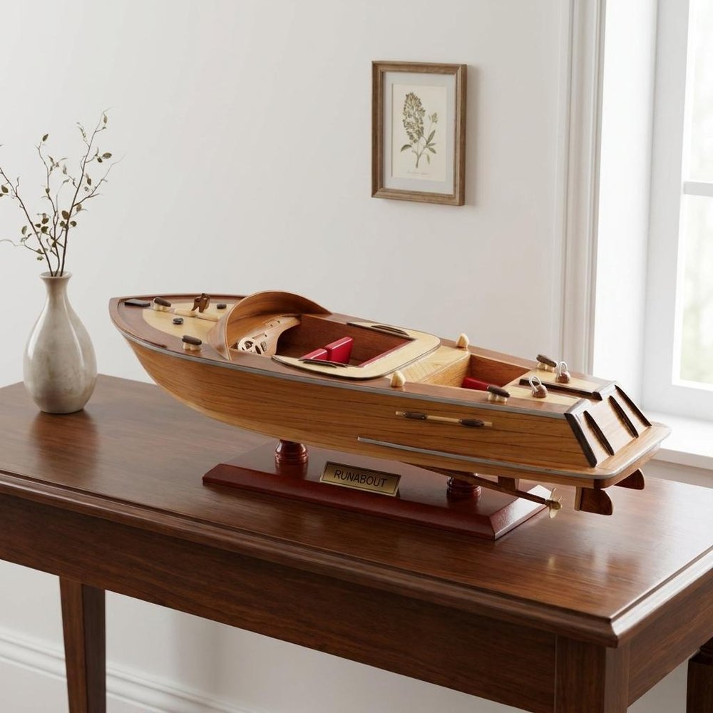 16" Brown Solid Wood Hand Painted Runabout Canoe Model Boat