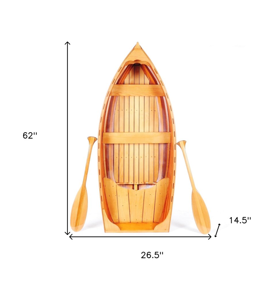 15" Wood Brown Solid Wood Hand Painted Model Boat Tabletop Sculpture
