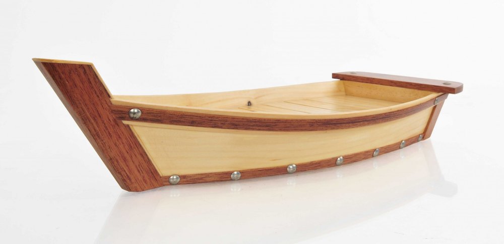 17" Natural and Brown Wood Sushi Boat Serving Tray