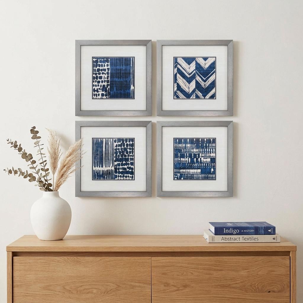 21" X 21" Silver Frame Indigo Batik Set Of 4