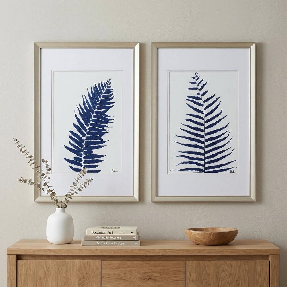 Set of Two Indigo Leaves Champagne Gold Framed Art