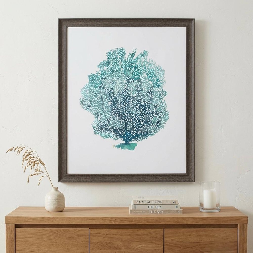 27" X 33" Distressed Wood Toned Frame Aqua Coral On White I