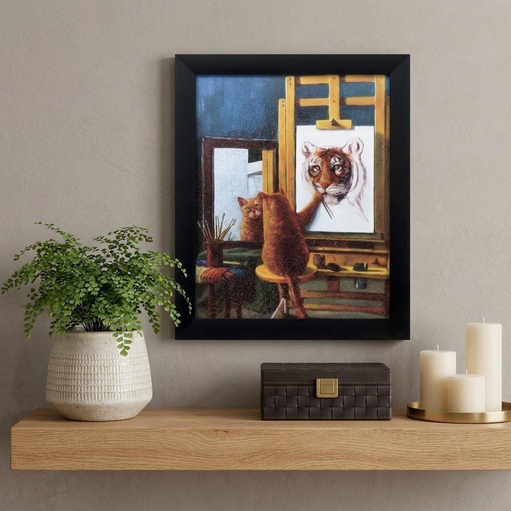 9" X 11" Painting Cat Black Acrylic Framed Art