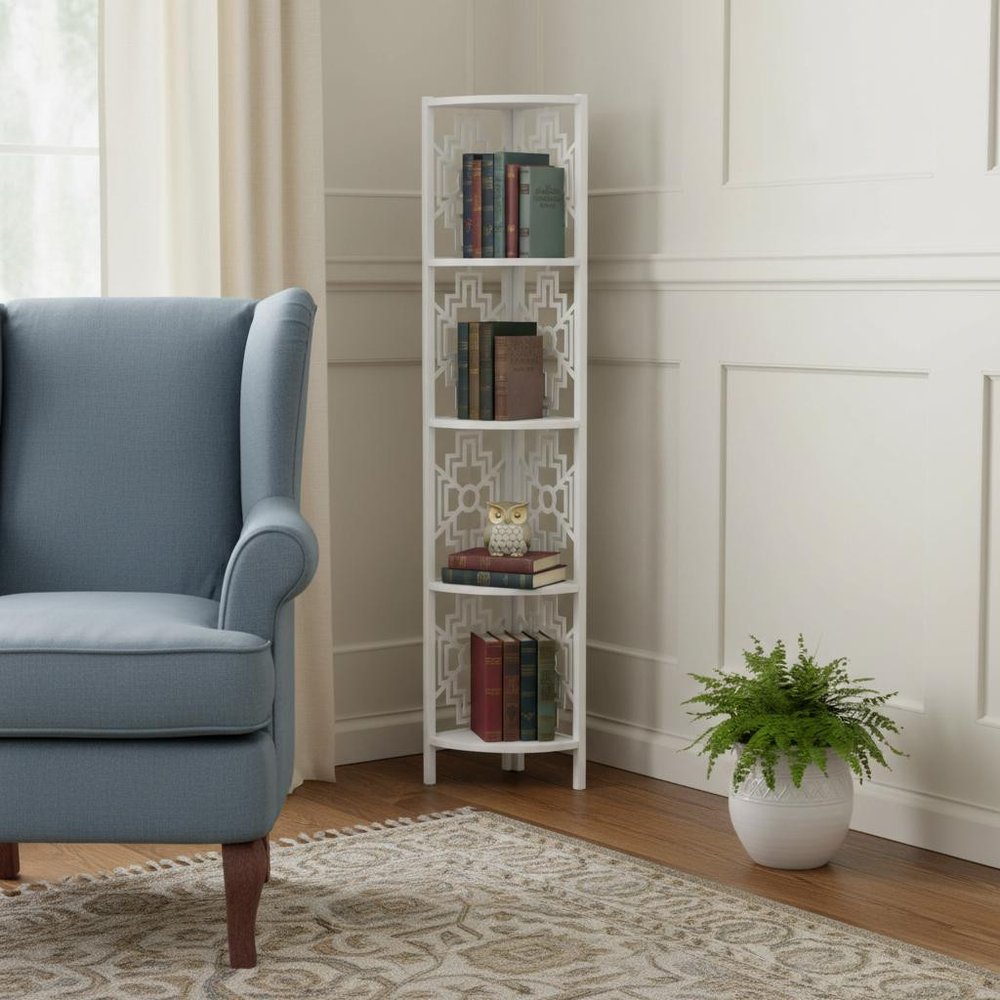 62" White Metal Corner Bookcase