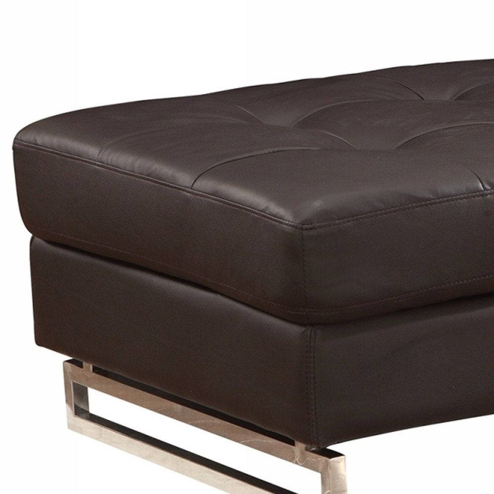 63" Taupe Brown and Silver Faux Leather Tufted Ottoman