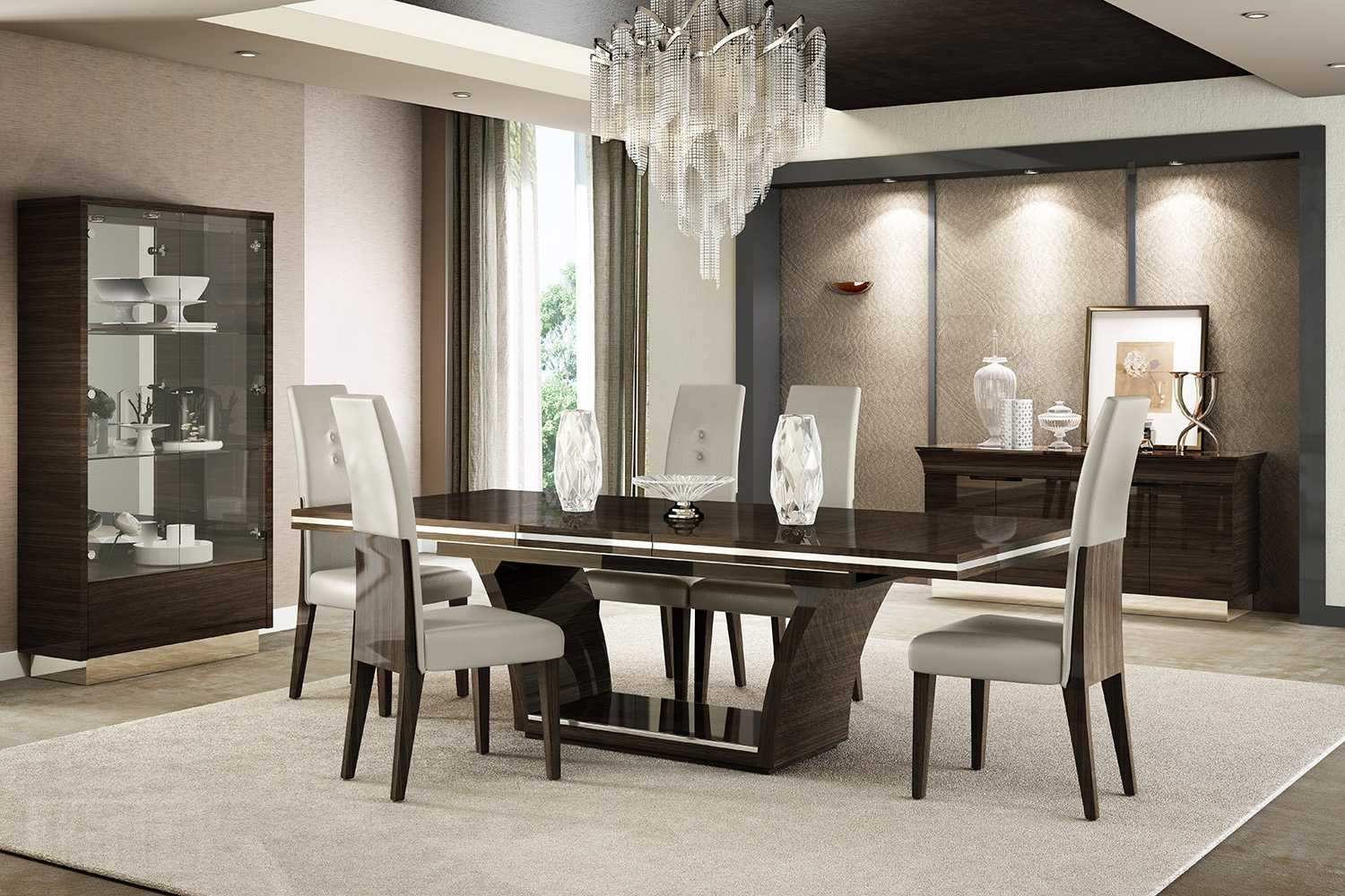 Seven Piece Dark Brown Solid Wood Dining Set with Six Chairs