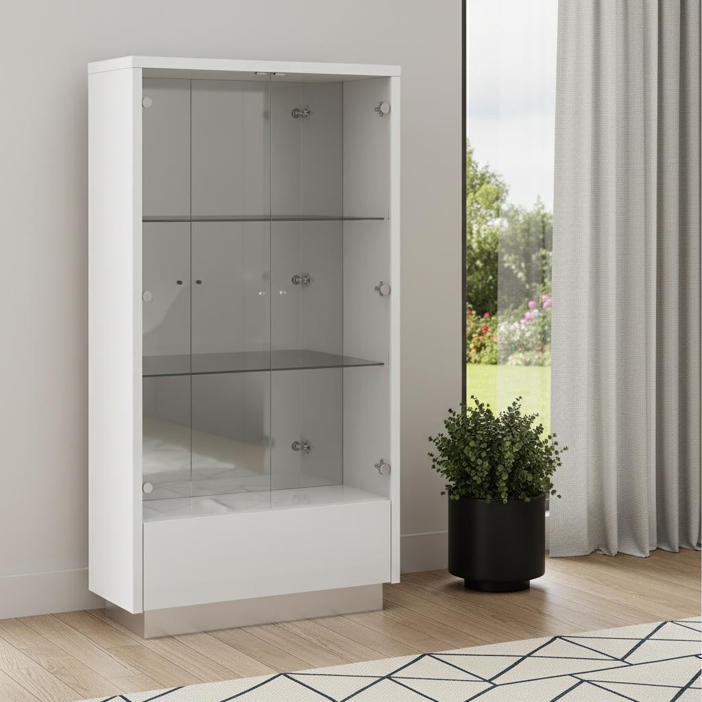 50" White and Silver Wood Curio Cabinet With Two Doors And One Drawer