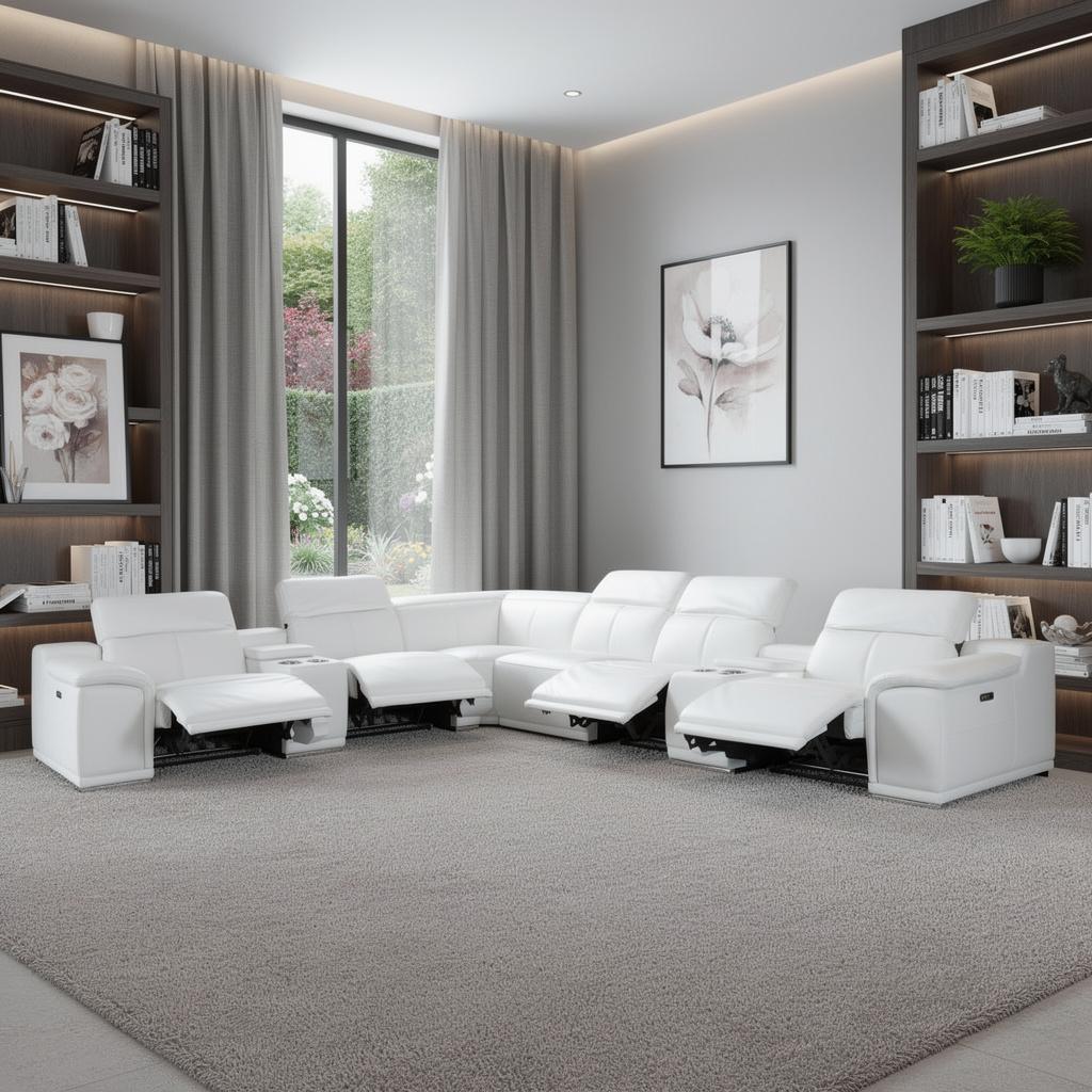 White Italian Leather Power Reclining U Shaped Eight Piece Corner Sectional With Console