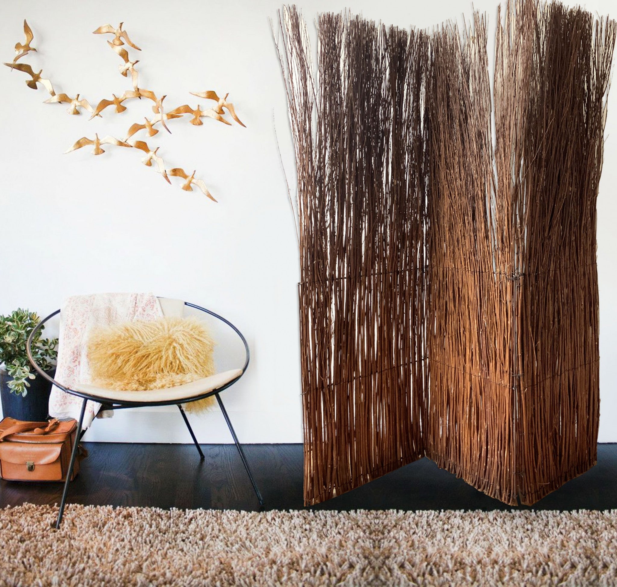 84" Brown Rattan Folding Three Panel Screen Room Divider