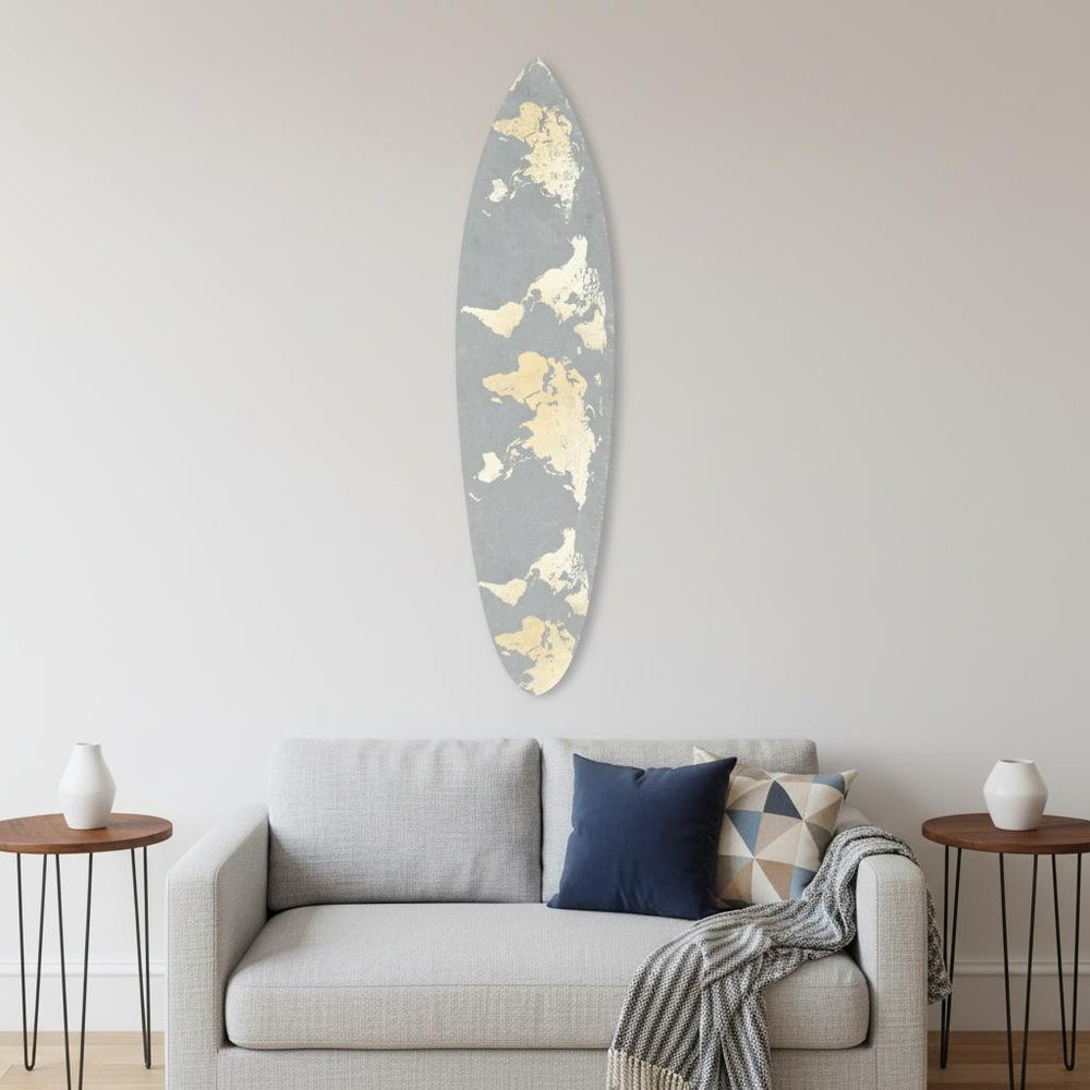 76" X 18" X 1" Grey And Gold World Map Surfboard Wall Art