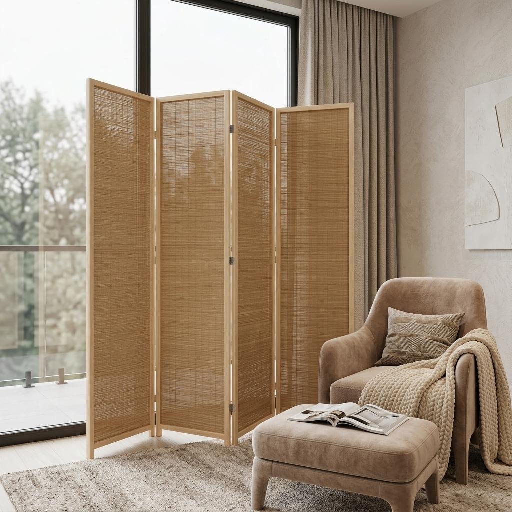 7" Light Bamboo 4 Panel Room Divider Screen
