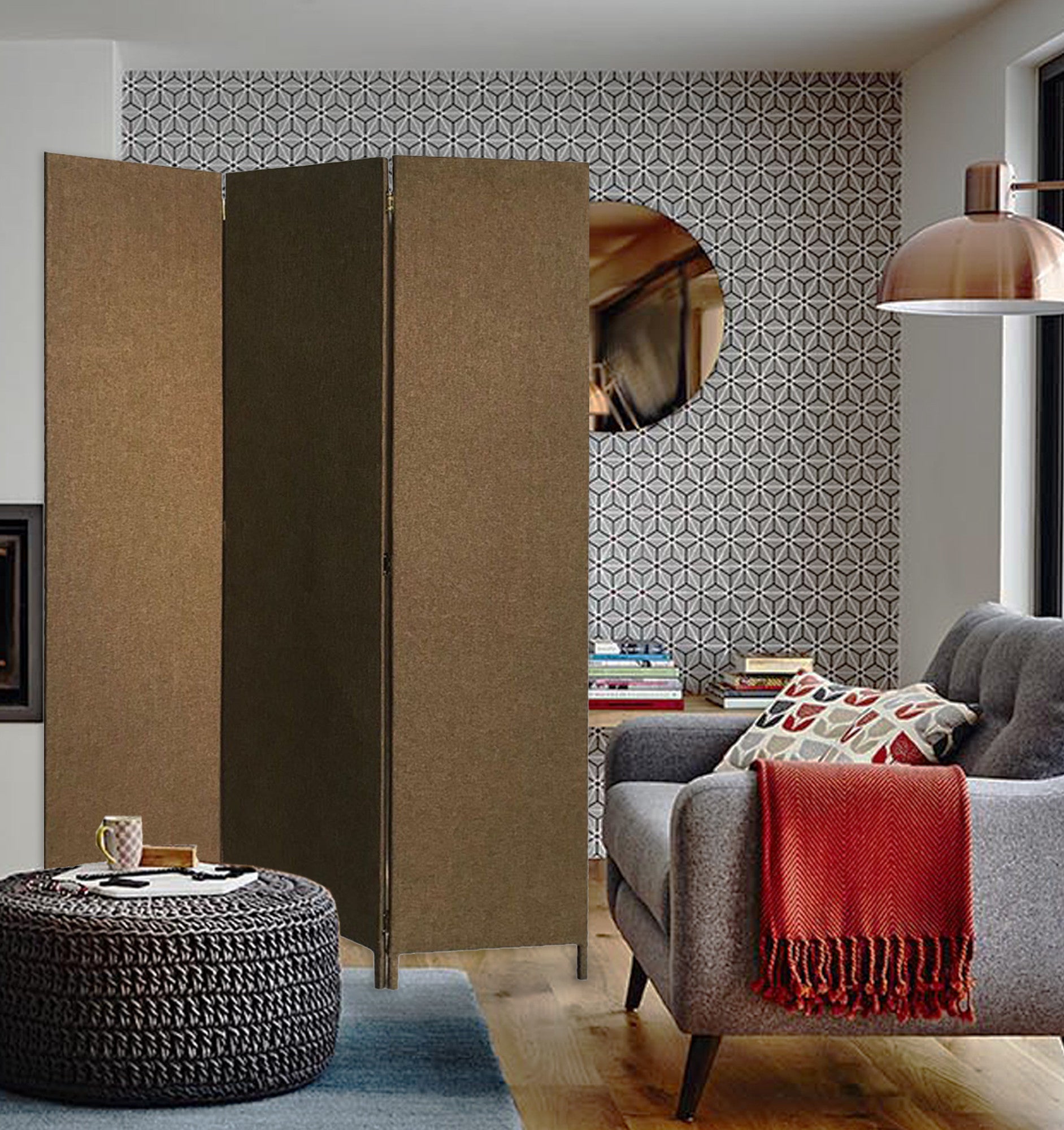71" Brown Folding Three Panel Screen Room Divider
