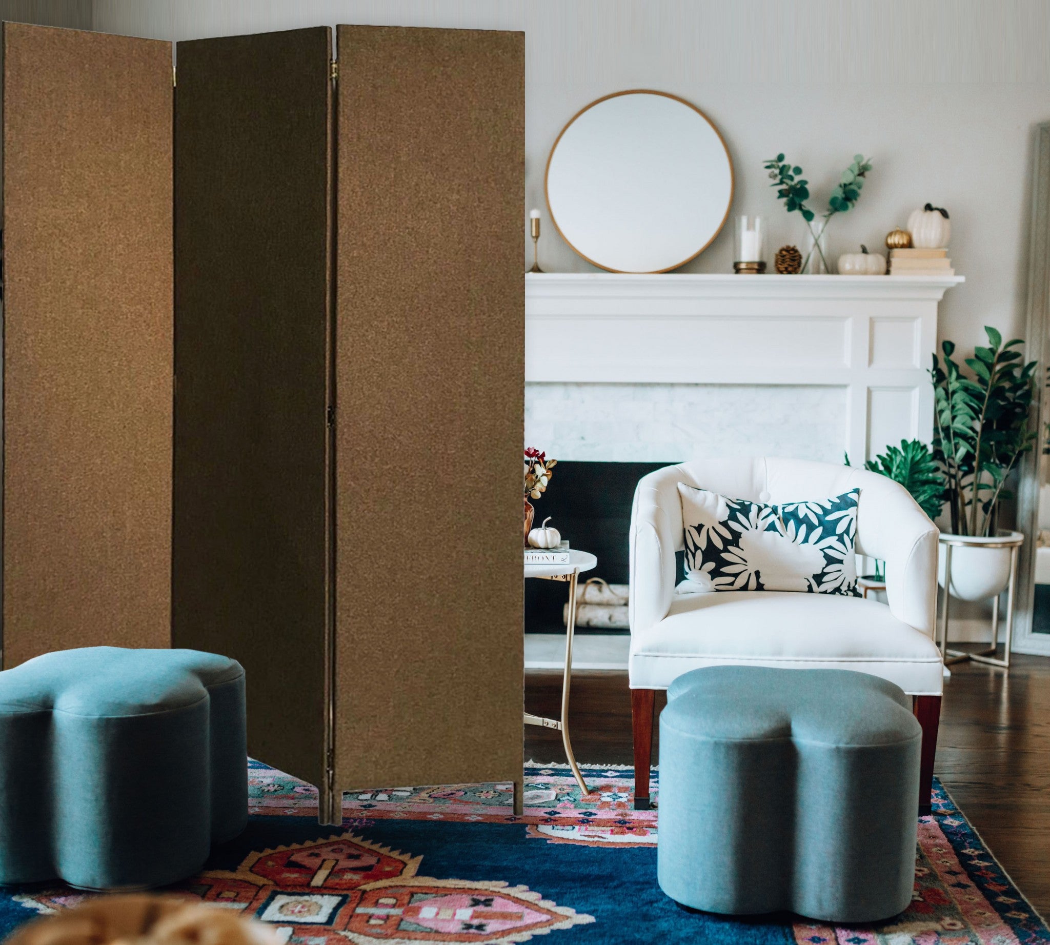 Beige Upholstered 3 Panel Room Divider Screen